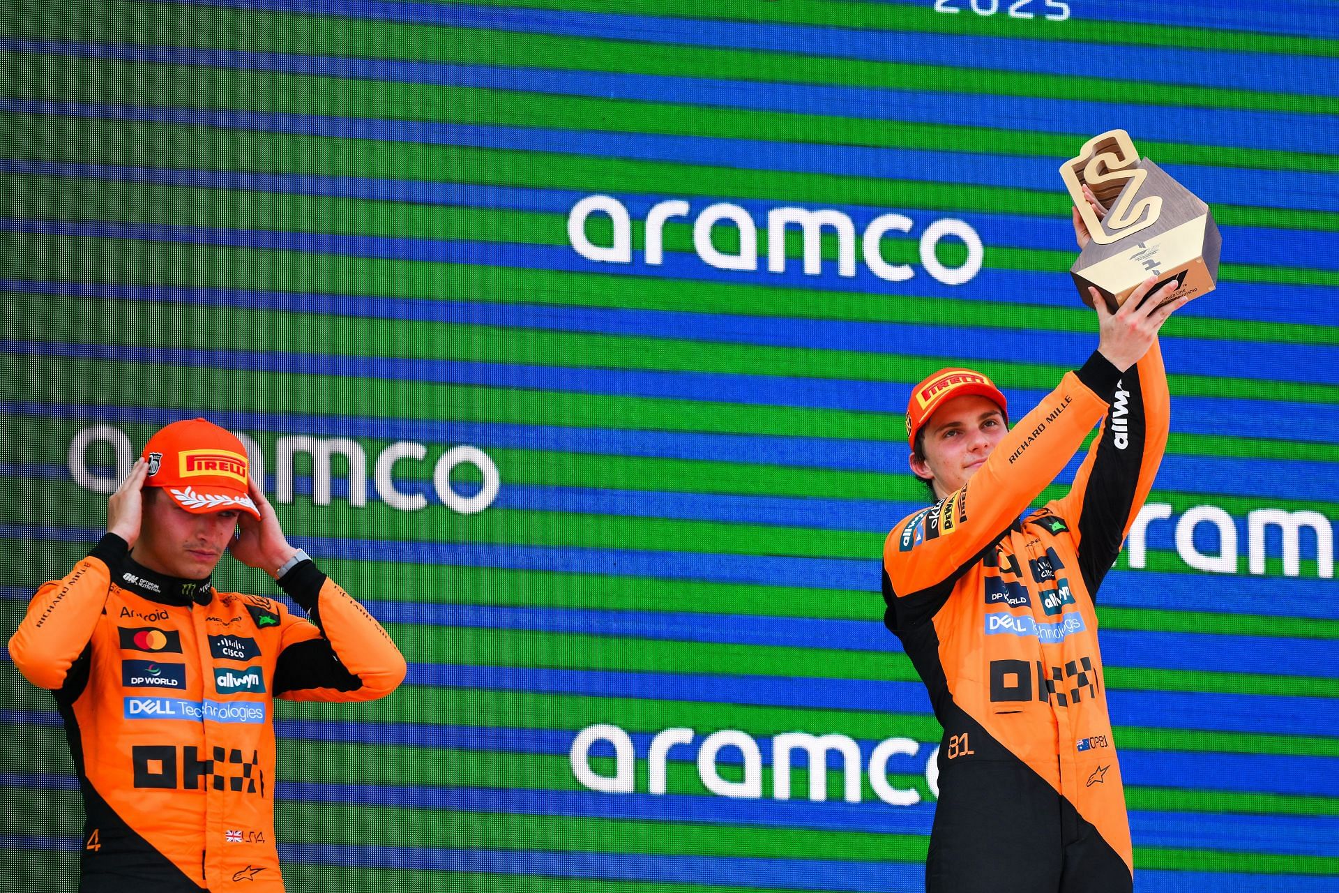Oscar Piastri lifts his trophy on the podium after the F1 Grand Prix of Spain. Source: Getty